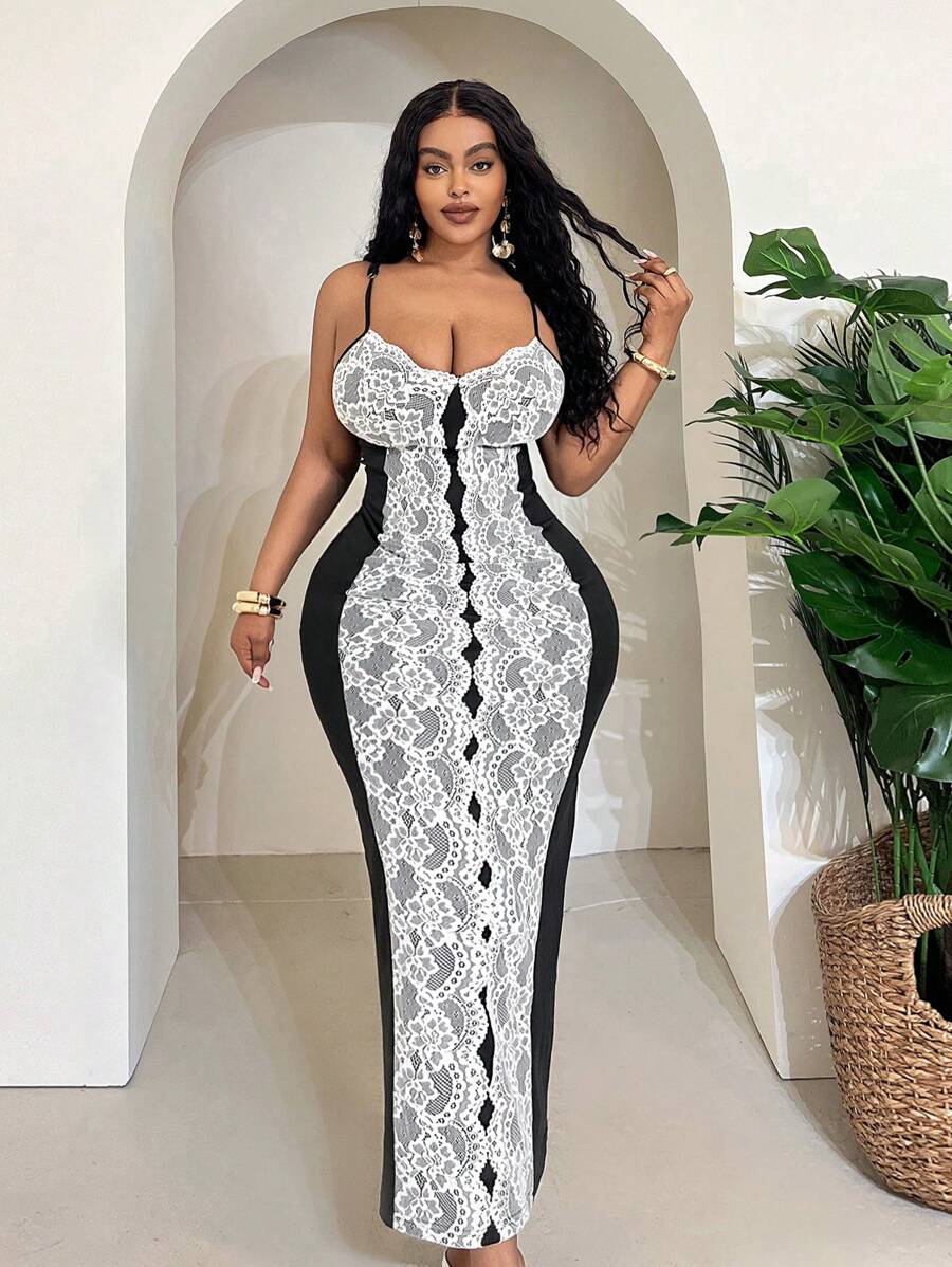Maweii Plus Size Women's Elegant Romantic Lace Patchwork Slip Dress, Club Party Summer New Arrival