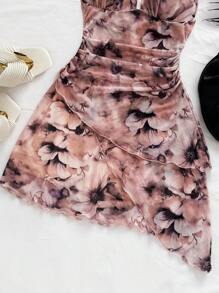 Soleia Váy ngắn lãng mạn, cổ chữ V, in hoa nhuộm loang, có dây rút, thích hợp cho các dịp lễ, hẹn hò, tiệc trà chiều ngày lễ tình nhân - Nhiều màu - Xem 6