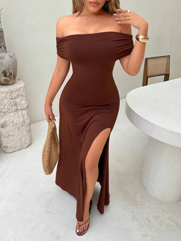 SHEIN SXY Solid Color Brown Off Shoulder High Slit Dress, Summer - Brown - View 5