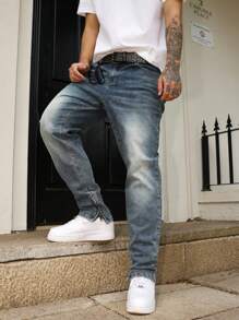 Manfinity Homme Men's Casual Washed Tapered Leg Jeans Urban Street Hang Out - Medium Wash - View 1