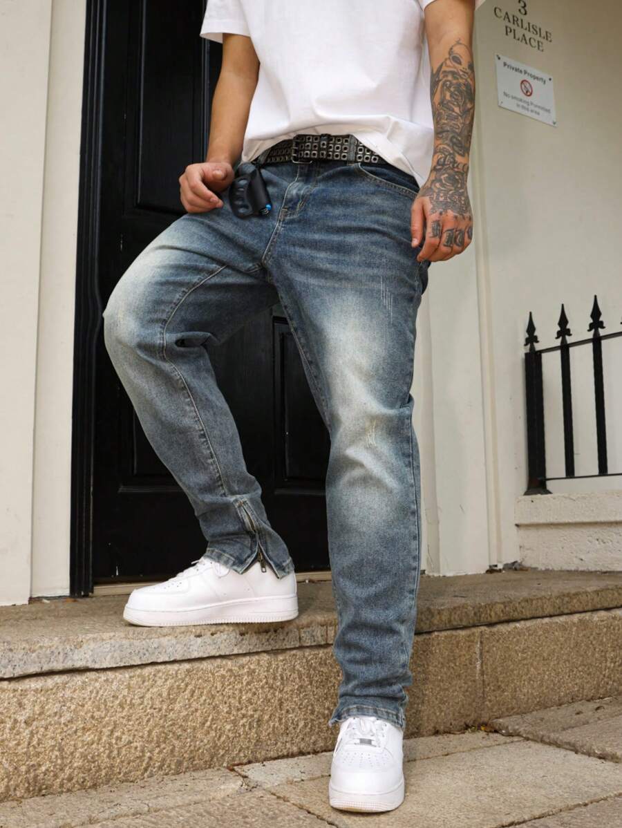 Manfinity Homme Men's Casual Washed Tapered Leg Jeans Urban Street Hang Out - Medium Wash - View 1