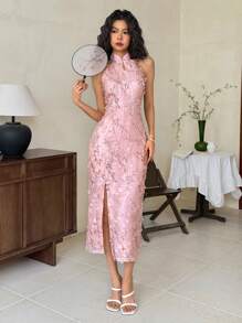 EastFlair Vestido largo de verano de mujer con estilo elegante chino, estampado floral 3D y cuello halter