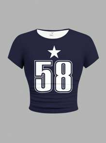 SHEIN Leap Crew 3pcs Set Tween Girls Slim Fit Casual Solid Knit Tops With Ruched Collar, Leopard Print Number Graphic, And Bow Print, Short Sleeve - Multicolor - View 5