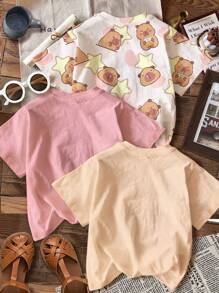 SHEIN 2 peças/Conjunto Capivara Fofa, Anime Rosa, Coração e Laço Impresso, Camiseta de Tripulação de Manga Curta Casual Minimalista, Verão Pré-adolescente Menina