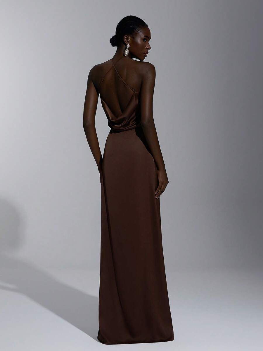 Elitara 优雅、浪漫、性感、简约、棕色缎面吊带露背连衣裙，金属扣装饰，紧身、时尚、网红风格，适合节日、度假、生日派对、婚礼活动、伴娘 - 鏽棕色 - 查看 1