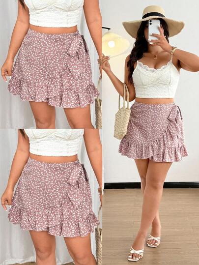 Flirla Minifalda ajustada con volantes en el bajo, estampado floral pequeño, estilo romántico de vacaciones en tallas grandes