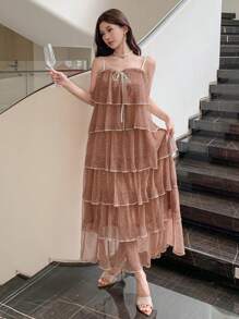 DAZY Women's Multi-Layered Contrast Color Ruffle Hem Bow Patchwork A-Line Maxi Casual Dress, Suitable For Holiday, Beach, Music Festival, Graduation Ceremony