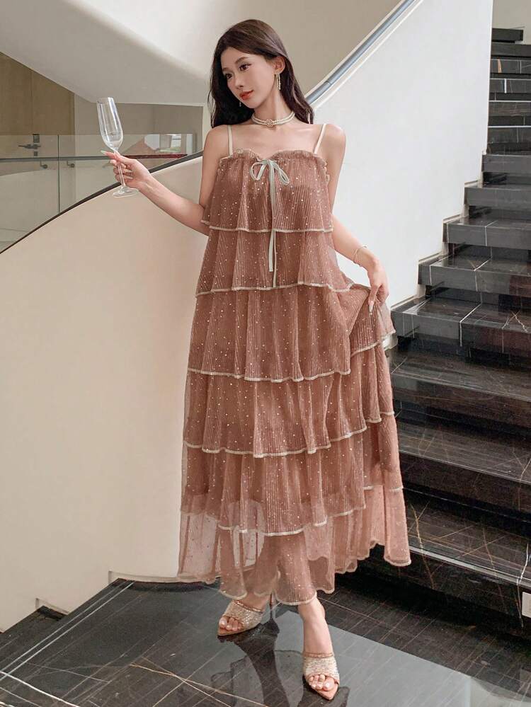 Women's Multi-Layered Contrast Color Ruffle Hem Bow Patchwork A-Line Maxi Casual Dress, Suitable For Holiday, Beach, Music Festival, Graduation Ceremony