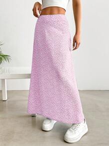 SHEIN EZwear 女士浅粉色高腰长款休闲碎花裙，夏季 - 淺粉色 - 查看 4