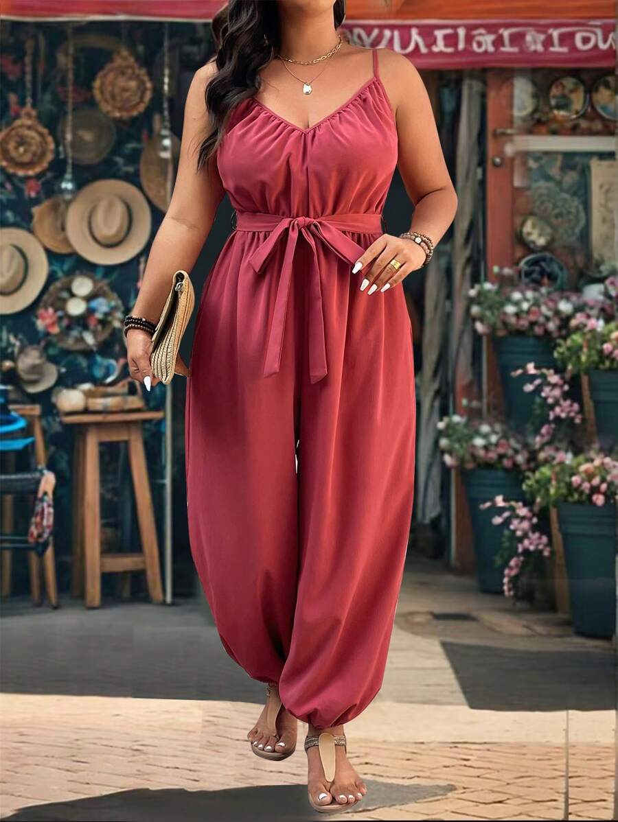 SHEIN LUNE 时尚休闲复古 V 领细肩带束腰连体裤 - 紅色 - 查看 1