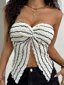 Coolane 女士夏季节日外出热带度假条纹弹力抹胸 - 黑與白 - 查看 2