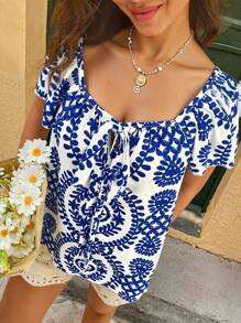 Pariaura 女士时尚新款清新碎花方领系带短袖针织 T 恤，春夏 - 白色 - 查看 6