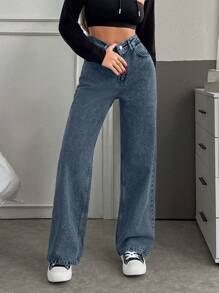 RueChic Casual Washed Minimalist Versatile Straight-Leg Jeans - Medium Wash - View 1