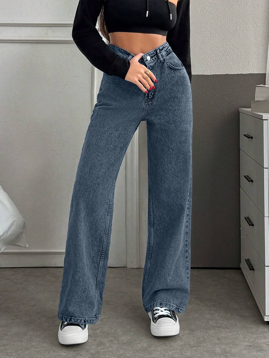 RueChic Casual Washed Minimalist Versatile Straight-Leg Jeans - Medium Wash - View 1