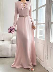 Modelyn Đầm dự tiệc bó sát, trang trí nơ kim loại phía trước thanh lịch dành cho nữ - Hồng - Xem 1