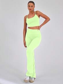 Musera Sport Sport Spaghetti Strap Crop Top Only Workout Running Daily Slim Summer Holiday Strap Gym Fitness - Lime Green - View 4