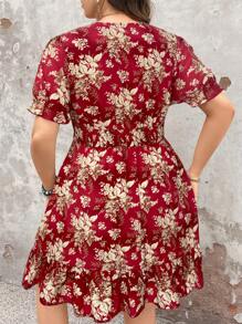 SHEIN Holidaya Plus Size Women Black Background Floral Print Short Sleeve Vacation Dress - Multicolor - View 2