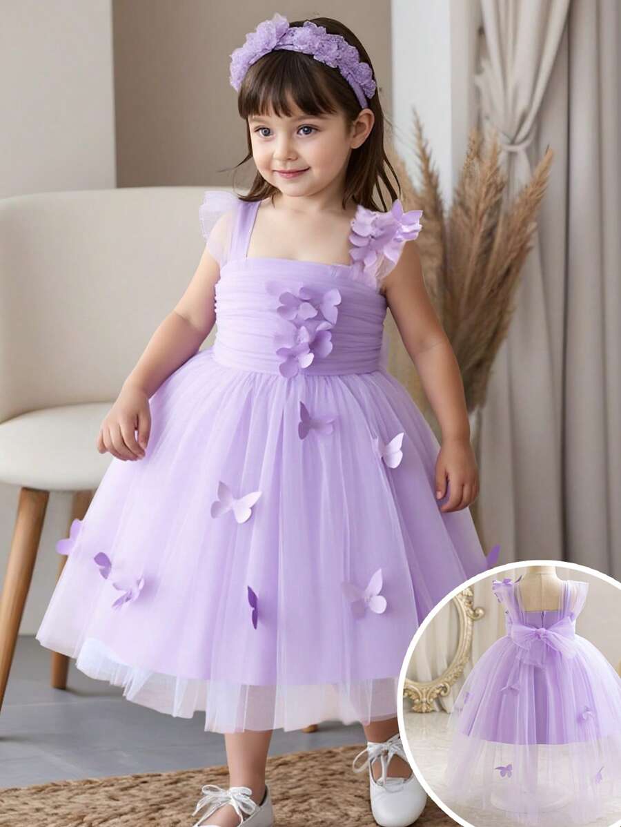 SHEIN Leap Crew Baby Girl Elegant Square Neck Dress With Bow Decor And Layered Mesh, Sweet Formal Party Dress - Purple - View 1