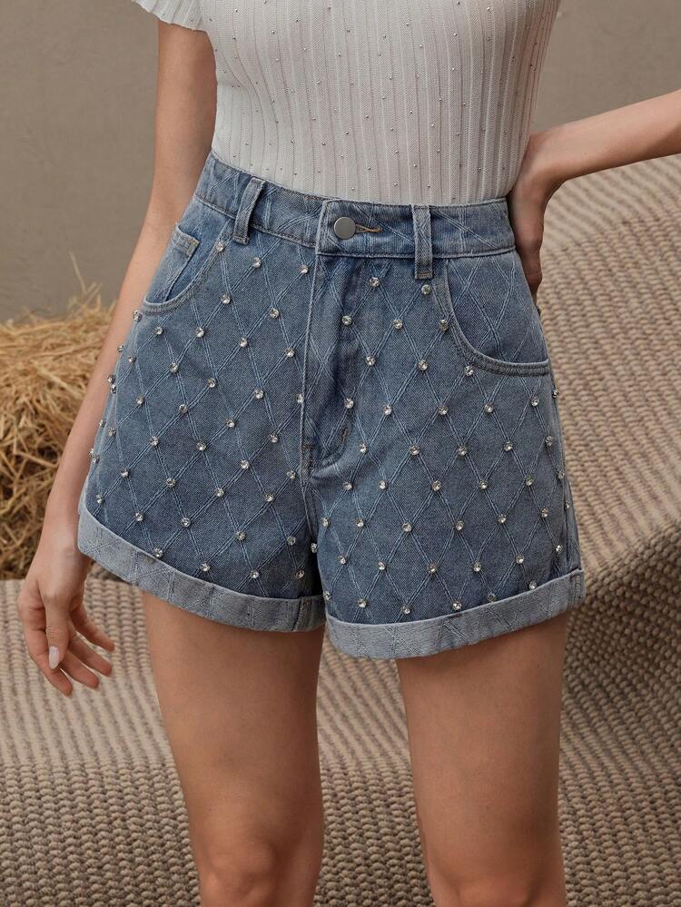 Shorts Denim Azuis Femininos Muito Enfeitados com Strass, Estilo Europeu e Americano Moderno para Festa/Dia dos Namorados
