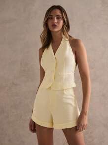 Glamine 女士亚麻感露背吊带背心带袖口短裤休闲套装夏季挂脖蝴蝶结露背休闲两件套 - 黃色 - 查看 6