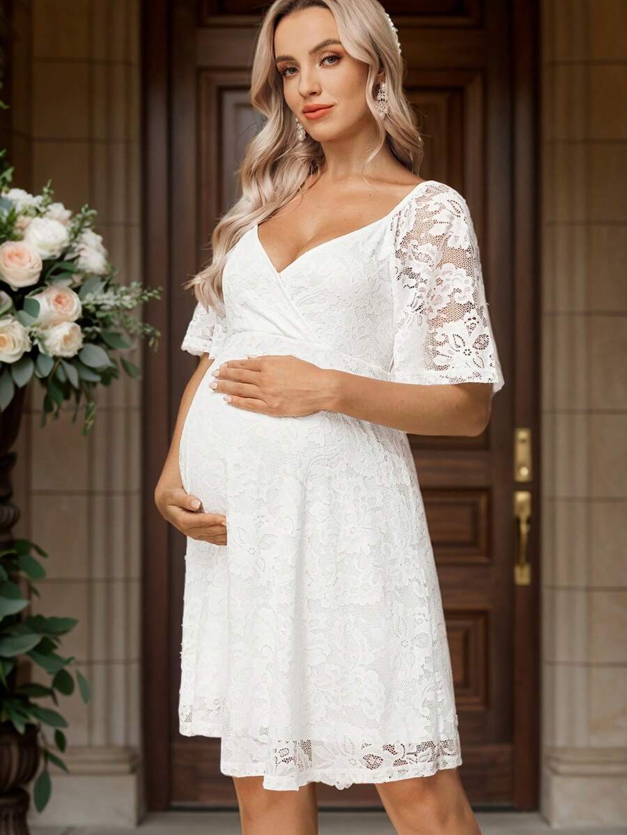 SHEIN Vestido elegante de manga raglán de encaje de contraste para maternidad - Blanco - Ver 1