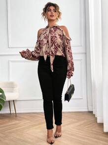 SHEIN Clasi Plus size kvinnor rosa tryck, minimalistisk, dagligt slitage skjorta med öppen krage - Multifärgad - Visa 5