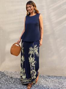 SHEIN Clasi Plus Size Women 2pcs Set, Solid Color Round Neck Sleeveless Top And Palm Tree Print Pants - Multicolor - View 7