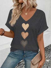 SHEIN Women's Spring/Summer V-Neck Ruffle Cuff, Ombre Heart Graphic Casual & Versatile T-Shirt - Dark Grey - View 4