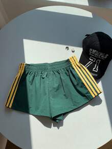 Comfortcana 大码女式休闲条纹运动短裤，夏季 - 綠色 - 查看 6