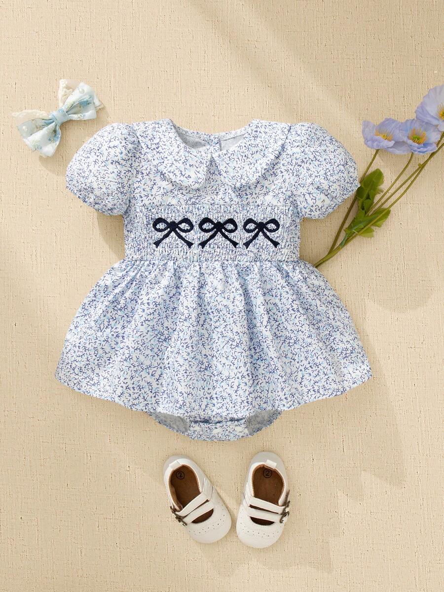 Newborn Baby Girls' Ditsy Floral Ruffled Collar Bodysuit, Practical For Summer Wear With Bow Embroidered Decor For A More Refined Look - Multicolor - View 1