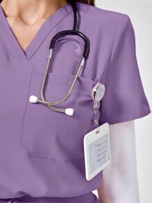 TaskEZ 纯色 V 领短袖上衣，带口袋和腰带裤，手术服套装