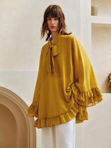 Aveloria Women Chiffon Ruffle Hem V-Neck Bowknot Fashionable Commuter Elegant Solid Color Long Loose Blouse,Summer Tops,Long Sleeve Top,Festival,Country Concert,Bohemia,Boho - Mustard Yellow - View 7