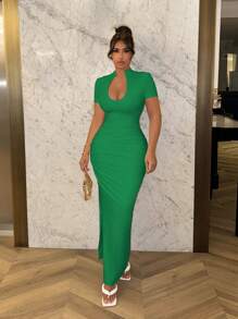 SHEIN SXY Summer Sexy Keyhole Neck Ruched Short Sleeve Bodycon Dress - Green - View 5