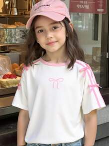 Conjunto a juego de madre e hija, camiseta de manga corta para niñas, uso diario casual y cómodo, con decoración de lazo con cinta lateral, combinación familiar, dulce y lindo casual