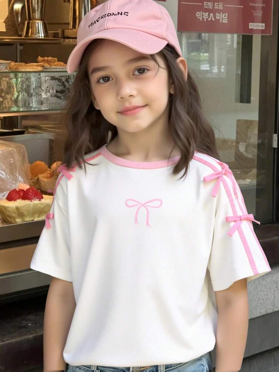 Conjunto a juego de madre e hija, camiseta de manga corta para niñas, uso diario casual y cómodo, con decoración de lazo con cinta lateral, combinación familiar, dulce y lindo casual