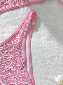 Swim Mod 女士提花面料细肩带高开叉性感比基尼套装 - 粉色 - 查看 4