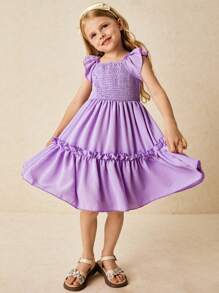 SHEIN Young Girls & Elegant Purple Ruffle Sleeve Shirred Dress - Purple - View 6