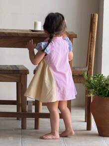 SHEIN LMoss Kids Babygirl Cute Summer Casual Striped Patchwork Cap Sleeve Mini Dress - Multicolor - View 8