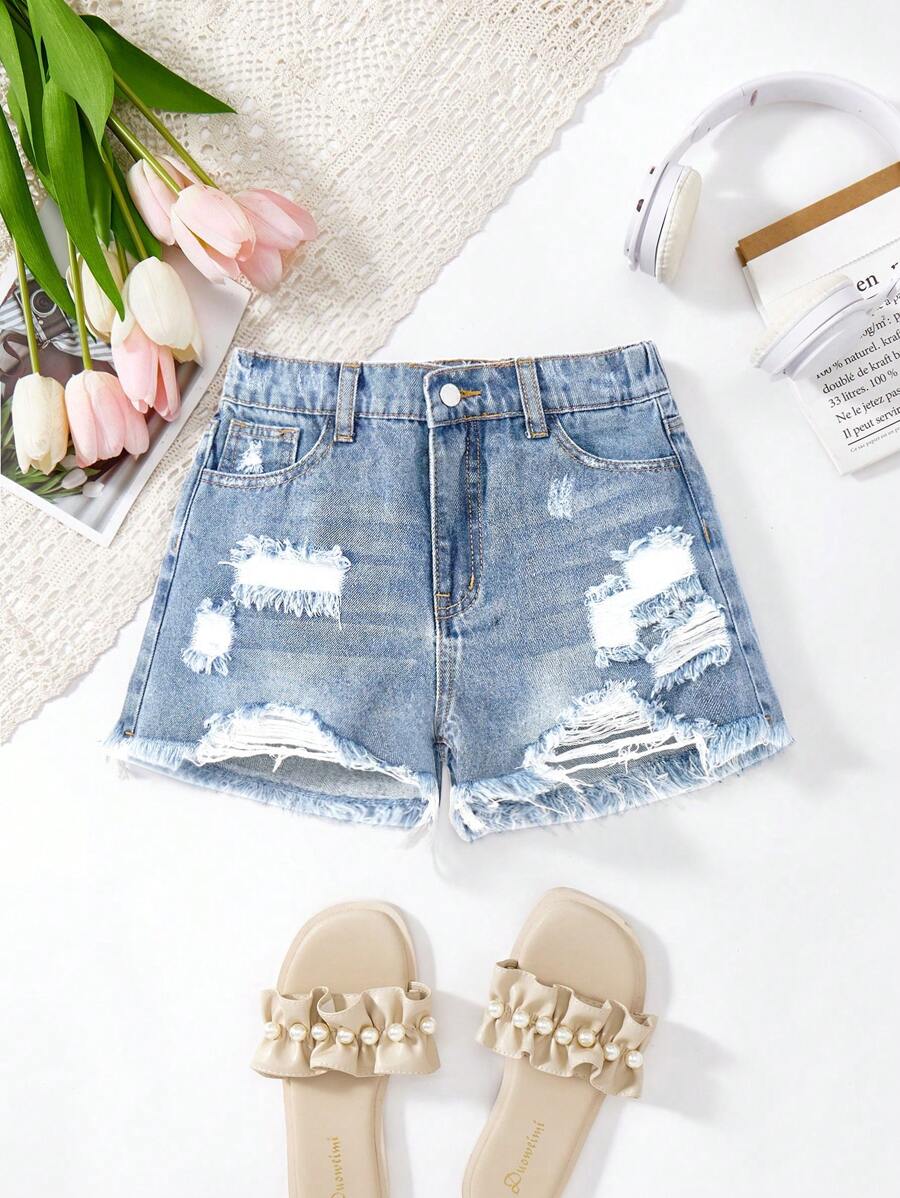 SHEIN Tween Girl Y2K Spring Summer Break Solid Washed High Waist Ripped Raw Hem Denim Jeans Shorts, Summer Beach Boho Vacation Shorts , Summer Concert Festival Casual Rave - Medium Wash - View 1