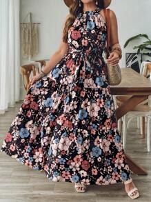 SHEIN VCAY 大码女式黑色花卉印花露背系带 A 字长裙，浪漫休闲海滩度假裙泳池派对装椰子女孩夏季波西米亚风女装早午餐装女士机场装海滩度假装城市休闲装假日装女士西式服装女士加大欧式夏季海岛度假装蜜月装女士老钱露背连衣裙 - 黑色 - 查看 3