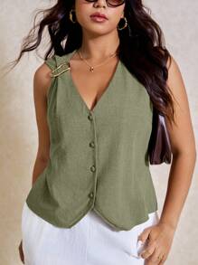 Elaquor Plus Size Women V-Neck Single Breasted Fashion Tank Top,Business Casual Woman - Army Green - View 1