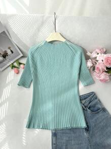 SHEIN Privé 大码纯色短袖毛衣背心，简约时尚，适合夏季 - 綠色 - 查看 2