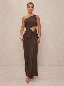 Lumalex 1pc Women's Metal Decor Ruched Twist Bodycon Extra Long Dress - Chocolate Brown - View 4