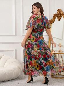 SHEIN Clasi Plus Size Women Vacation All Over Print Round Neck Side Tie Waist Dress,Flowy Dress,Sun Dresses For Women