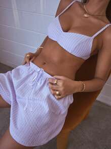 Aralina Striped Ruched Bralette With Drawstring Waist Short Two Pieces Summer Set - Purple - View 1