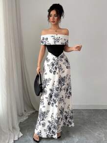 Rafferiza 女士浪漫露肩花卉印花拼接修身长裙，春夏 - 彩色 - 查看 6