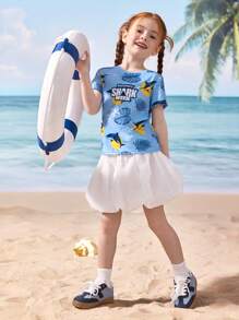 Shark Week X SHEIN Young Girl Summer Casual Shark Print Round Neck Short Sleeve T-Shirt - Multicolor - View 5