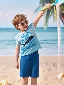 Shark Week X SHEIN 小男孩鲨鱼与字母图案休闲圆领短袖T恤 - 彩色 - 查看 5