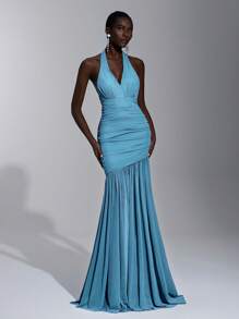 Elitara 优雅的绿松石蓝色领结垂坠式胸围荷叶边网眼鱼尾下摆连衣裙，适合约会、度假、婚礼活动、伴娘 - 水鴨藍 - 查看 7