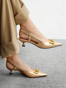 CUCCOO BIZCHIC Fashion Pointed Toe Women Pumps With Chain & Cutout Backless Design, Kitten Heel High Heel Dress Shoes For Work For Christmas Valentine's Day Spring Shoes - Gold - View 5